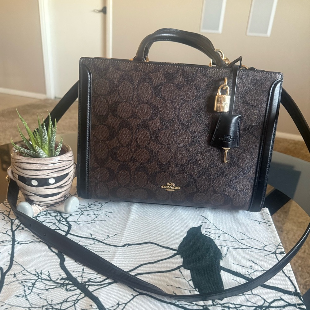 Coach Signature Canvas & Leather Satchel with Lock & Key Charm